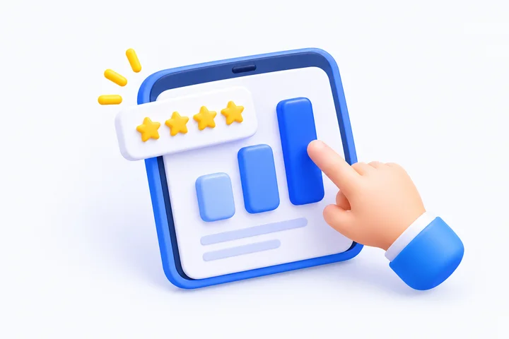 A hand exploring a customer rating and feedback dashboard