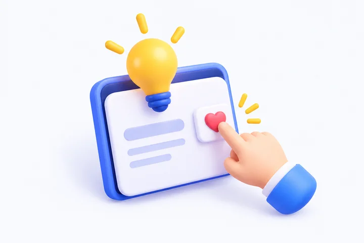 An idea board with a lightbulb and a heart button
